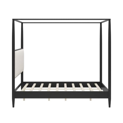 Queen Size Wood Canopy Bed with Upholstered Headboard, Black, view 8