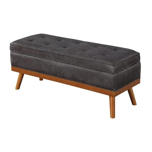 Mid-Century Storage Bench, Charcoal Faux Leather Upholstery, 43.5" W x 17.5" D x 18.5" H, Button-Tufted Design, Soft-Close Hinged Top, Tapered Solid Wood Legs, Entryway or Living Room