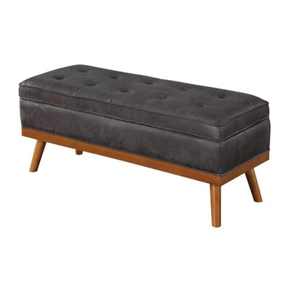 Mid-Century Storage Bench, Charcoal Faux Leather Upholstery, 43.5" W x 17.5" D x 18.5" H, Button-Tufted Design, Soft-Close Hinged Top, Tapered Solid Wood Legs, Entryway or Living Room