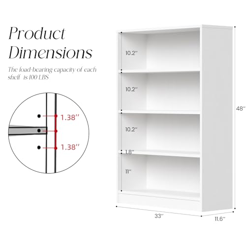 48 Inch Tall 4-Shelf Bookcase, Wood Bookshelf Storage Organizer Adjustable Shelf for Home Office, Study Room, Easy Assembly,White