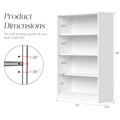 48 Inch Tall 4-Shelf Bookcase, Wood Bookshelf Storage Organizer Adjustable Shelf for Home Office, Study Room, Easy Assembly,White