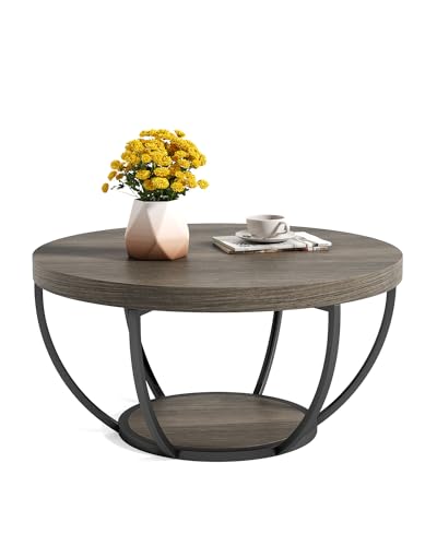 Round Coffee Table, 32" Circle Coffee Table for Living Room, 2-Tier Wood Accent Center Table with Open Storage Industrial Design Home Furniture (Grey and Black)