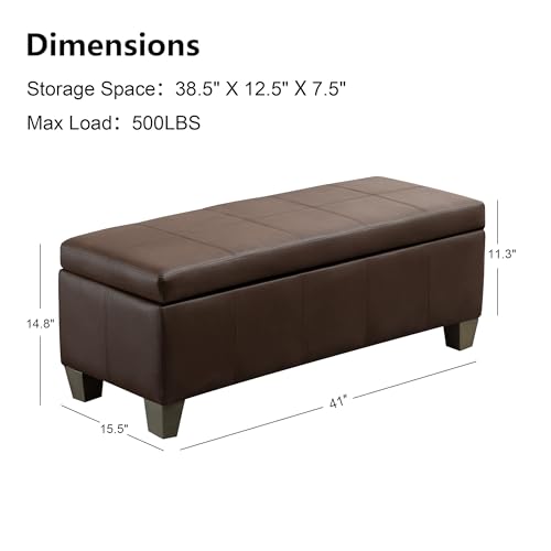 41" Storage Ottoman, Storage Bench with Safety Hinge, Upholstered Synthetic Leather Ottoman Bench for Bedroom, Living Room, Entryway, Hallway, Foot Rest, Support 500lbs, Brown