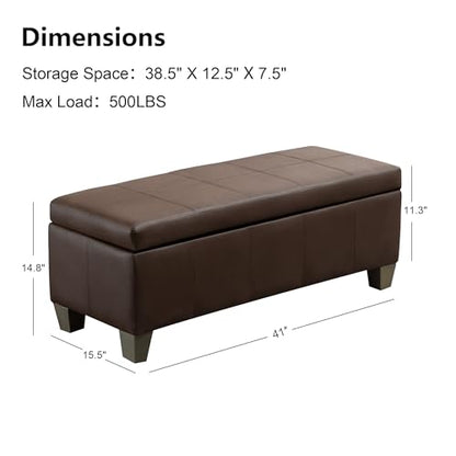 41" Storage Ottoman, Storage Bench with Safety Hinge, Upholstered Synthetic Leather Ottoman Bench for Bedroom, Living Room, Entryway, Hallway, Foot Rest, Support 500lbs, Brown