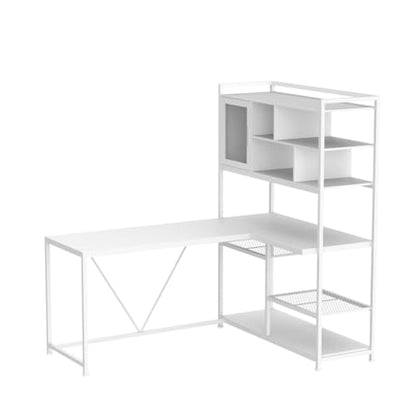 L Shaped Computer Desk, 58'' Office Desk with LED Light and Bookshelf, L Shaped Corner Desk with Storage Shelves for Home Office, Gaming Desk, L Desk, White