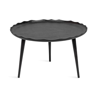 Alessia Modern Round Metal Coffee Table; 26 x 26 x 16; Black; Sand Cast Aluminum Coffee Table with Raised Deckled Edge for Storage and Display