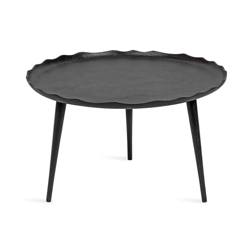 Alessia Modern Round Metal Coffee Table; 26 x 26 x 16; Black; Sand Cast Aluminum Coffee Table with Raised Deckled Edge for Storage and Display