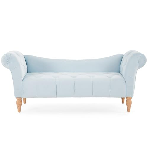 Ucal Velvet Upholstered End of Bed Ottoman, Wooden Living Room Ottoman Bench with Curved Arms, Long Entryway Bench with Button Tufting, Long Seating for Bedroom, Light Blue