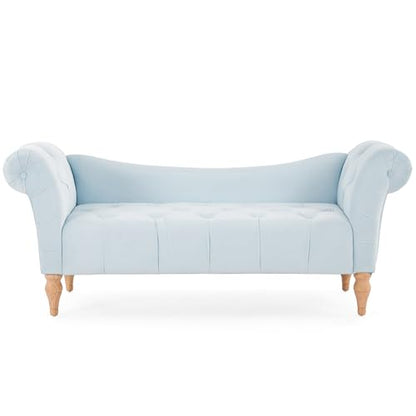 Ucal Velvet Upholstered End of Bed Ottoman, Wooden Living Room Ottoman Bench with Curved Arms, Long Entryway Bench with Button Tufting, Long Seating for Bedroom, Light Blue