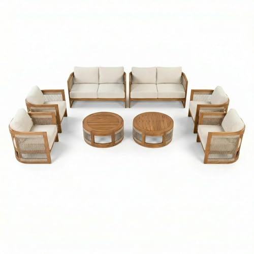 Nesbit 8-Seater Patio Furniture Set with Removable Cushion, 8 Piece Outdoor Acacia Wood Conversation Set, Wooden Outdoor Sectional Sofa Set with Coffee Table, Beige