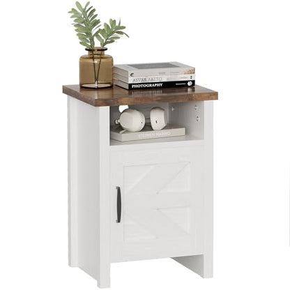 Farmhouse Modern Nightstand with Shelf and Barn Door, Set of 1 for Bedroom, White