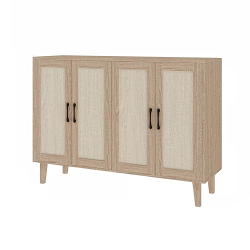 Buffet Storage Cabinet with Rattan Decorating 4 Doors Living Room Kitchen Sideboard 48.43 x 34.65 x 15 inch (Natural Wood)