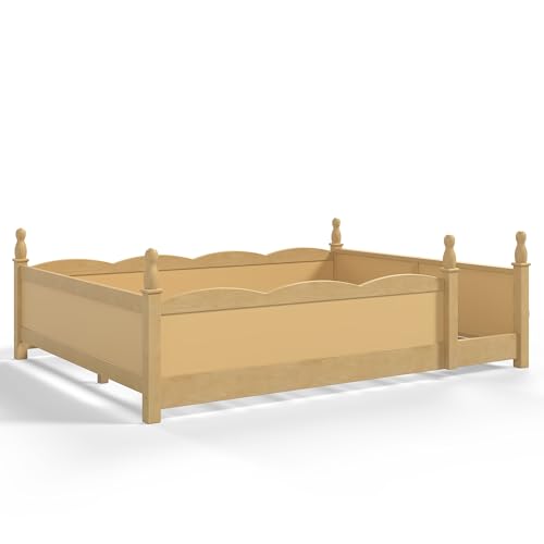 JIVOIT Queen Size Floor Bed with Accessible Door, Wood Montessori Floor Bed with Beside Book Shelf, Childlike Design, Full-Length Guardrails, No Box Spring Needed (Natural/ Queen,15)