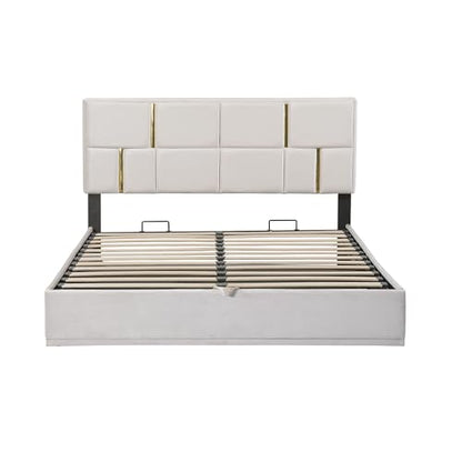 Queen Size Upholstered Bed Frame with Storage Ottoman, Hydraulic Storage Bed Frame with Headbaord and Storage Bench, 2-Piece Bedroom Furniture Set - Beige