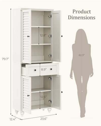 80" Tall Storage Cabinet with Louvered Doors and Adjustable Shelves, Farmhouse Kitchen Pantry Cabinet, Freestanding Storage for Dining Room, Living Room, Home Office, Bathroom, Rustic White