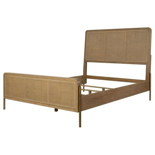 Upholstered Wood Eastern King Panel Bed, Sand Wash Natural Cane Finish, Solid Wood Rattan Construction, Mid-Century Modern Style, 56.25" H x 81.25" W x 91" D, Bedroom Furniture