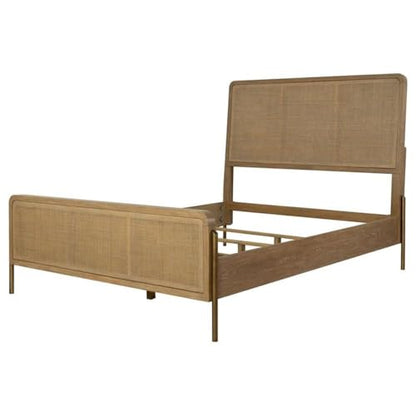 Upholstered Wood Eastern King Panel Bed, Sand Wash Natural Cane Finish, Solid Wood Rattan Construction, Mid-Century Modern Style, 56.25" H x 81.25" W x 91" D, Bedroom Furniture