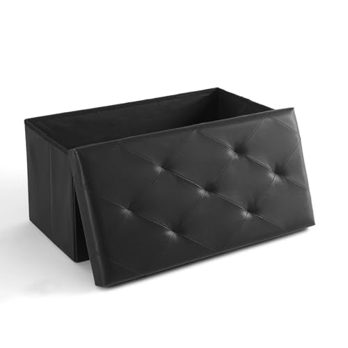 30 Inches Folding Ottoman with Storage Bench, Foot Rest Stool, End of Bed Storage Bench Upholstered, Load 660 lbs, for Living Room, Lychee Grain Leather, Black