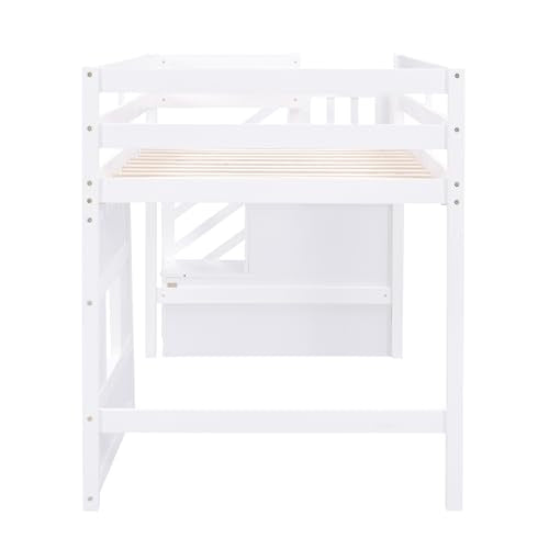 Twin Size Loft Bed with Storage Staircase, Window, LED Light, White