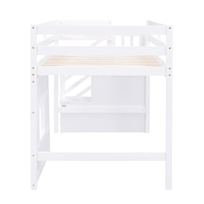 Twin Size Loft Bed with Storage Staircase, Window, LED Light, White