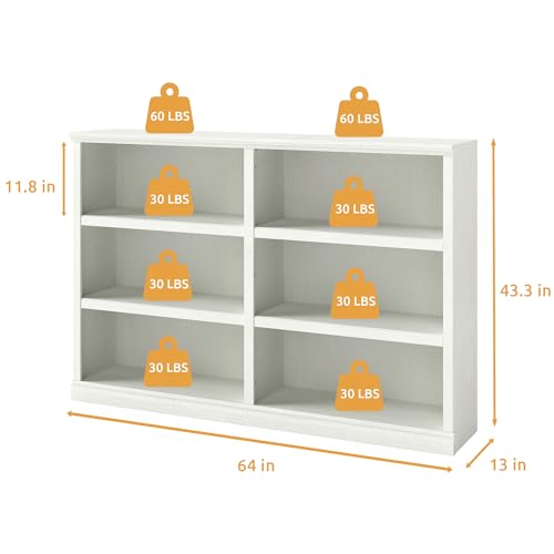 64" W Double Wide Open Shelf Bookcase, 3 Tiers 6 Storage Cube Book Shelf | Horizontal bookshelf, Display Cabinet Organizer Indoor Furniture, Home Library Office, White Adjustable Shelf