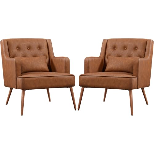 Yaheetech Accent Chair, Living Room Chair Mid Century PU Leather Armchair Lumbar Pillow, Comfy Upholstered Reading Chair Wood Leg Bedroom Brown 2PCS