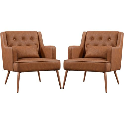 Yaheetech Accent Chair, Living Room Chair Mid Century PU Leather Armchair Lumbar Pillow, Comfy Upholstered Reading Chair Wood Leg Bedroom Brown 2PCS