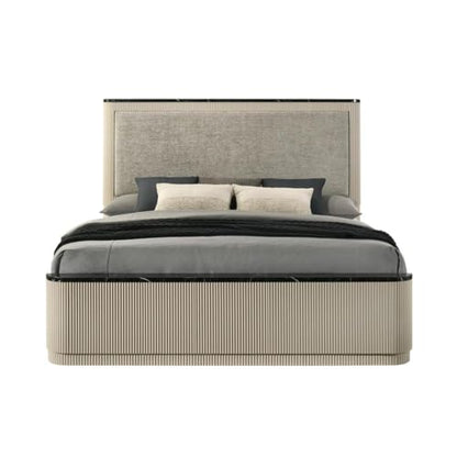 Upholstered Eastern King Bed, Gray Linen and Beige Frame, Padded Headboard, Black Marble-Look Trim, Sturdy Wood Construction, Vertical Panel Design, Modern Bedroom Furniture