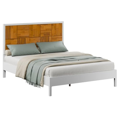 Madia Bed Frame, Mid Century Queen Bed Frame and Headboard with Unique & Trendy Fluted Pattern, 800lbs Capacity Platform Bed Frame, Solid Acacia Wood Slat Support, Easy Assembly White Bed Frame