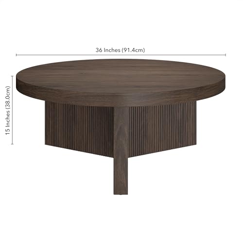 36" Fluted Round Low-Profile Coffee Table with Ribbed Pedestal Base Living Room, Family Room, or Office, Rich Brown