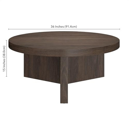 36" Fluted Round Low-Profile Coffee Table with Ribbed Pedestal Base Living Room, Family Room, or Office, Rich Brown