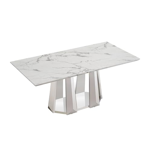 Marble Dining Table for 6 People, 70'' Rectangle Faux Marble Dining Table with Mirrored Stainless Steel Base, Large Size Marble Kitchen Table (Silver,White)(only Table)