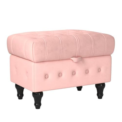 Storage Coffee Table Ottoman, Button Tufted Velvet Upholstery Footstool Bed Ottoman for Living Room, Home Office, Space-Saving Storage Toy Box Stool, Pink