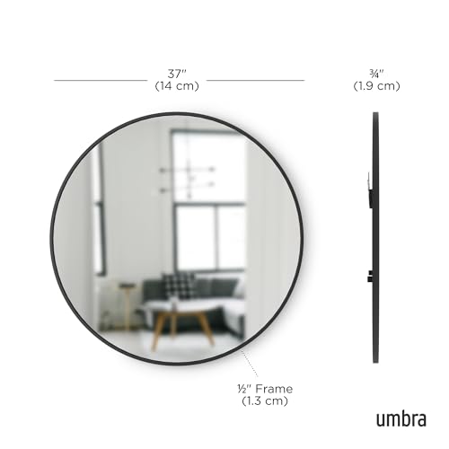 Hub Round Wall Mirror with Rubber Frame, Modern Style for Bathroom, Entryway, Living Room and More, 37-Inch, Black