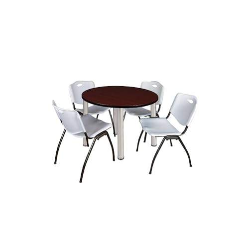 HomeStockTimeless Trends 36" Round Lounge Table Mahogany/Chrome with 4 'M' Nesting Chairs, Grey - Ergonomic Breakroom Furniture Set for Staff Break Room, Tables & Chair, Breakroom Set