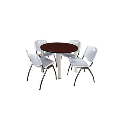 HomeStockTimeless Trends 36" Round Lounge Table Mahogany/Chrome with 4 'M' Nesting Chairs, Grey - Ergonomic Breakroom Furniture Set for Staff Break Room, Tables & Chair, Breakroom Set