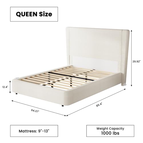 Boucle Queen Bed Frame, 51.2" Wingback Headboard, Beige, view 3
