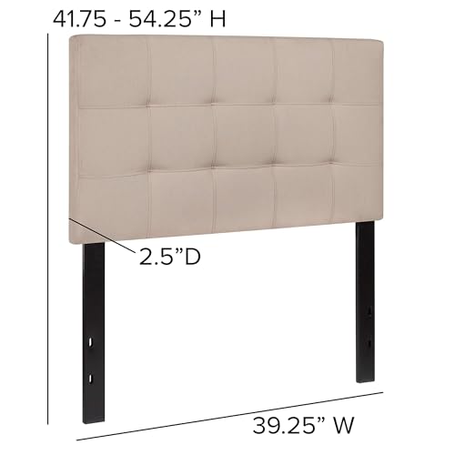 Contemporary Twin Fabric Panel Headboard, Beige Upholstery, Adjustable Metal Bed Rail Slots, Button Tufting and Box Stitch Design, 22" H x 39.25" W, Modern Bedroom Furniture