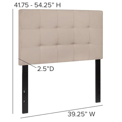 Contemporary Twin Fabric Panel Headboard, Beige Upholstery, Adjustable Metal Bed Rail Slots, Button Tufting and Box Stitch Design, 22" H x 39.25" W, Modern Bedroom Furniture