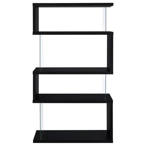 4-Shelf Contemporary Wood Bookcase, Black Finish, Glass Side Panels, Zigzag Design, 63 in H x 35.5 in W x 15.5 in D, Modern Storage for Home Office or Living Room
