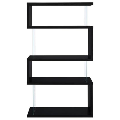 4-Shelf Contemporary Wood Bookcase, Black Finish, Glass Side Panels, Zigzag Design, 63 in H x 35.5 in W x 15.5 in D, Modern Storage for Home Office or Living Room