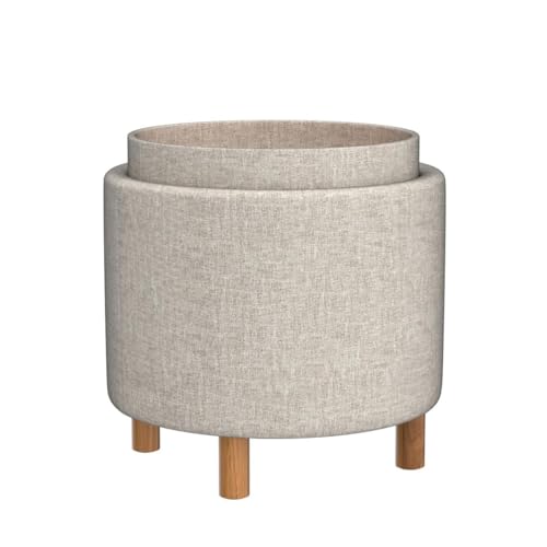 Round Storage Ottoman with Tray Lid, Accent Storage Footstool w/Soft Padding, Fabric Sitting Stool w/Solid Wood Legs & Non-Slip Pads, Tray Top Coffee Table for Living Room, Bedroom (Beige)