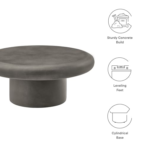 Argos Round Concrete Coffee Table in Gray - Cement Low Coffee Table for Sitting on The Floor - Weather Resistant Stone Patio Coffee Table - Indoor Outdoor 34 Inch Center Table