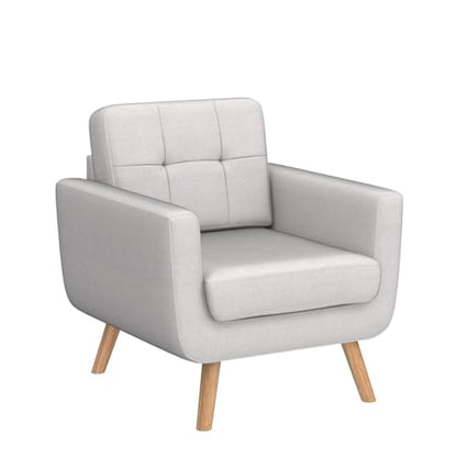 Linen Fabric Single Sofa, Accent Chair, Mid Century Modern Armchair for Living Room, Bedroom Button Tufted Upholstered Comfy Reading Sofas, Beige