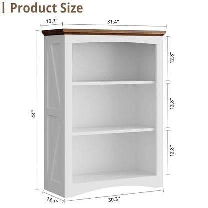 43" Tall 3-Tier Bookshelf, Farmhouse Bookcase White, view 4