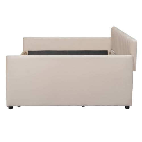Full Size Daybed with Trundle, Upholstered Day Bed Frame Velvet Sofa Beds with Vertical Channel Tufted Headboard for Living Room, Bedroom, Beige