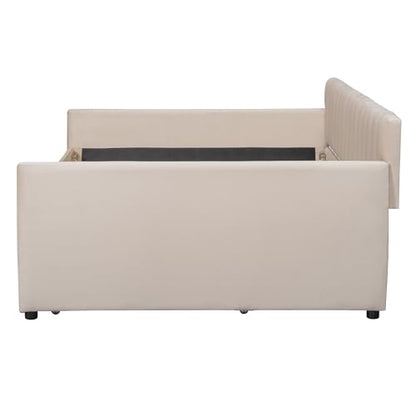 Full Size Daybed with Trundle, Upholstered Day Bed Frame Velvet Sofa Beds with Vertical Channel Tufted Headboard for Living Room, Bedroom, Beige
