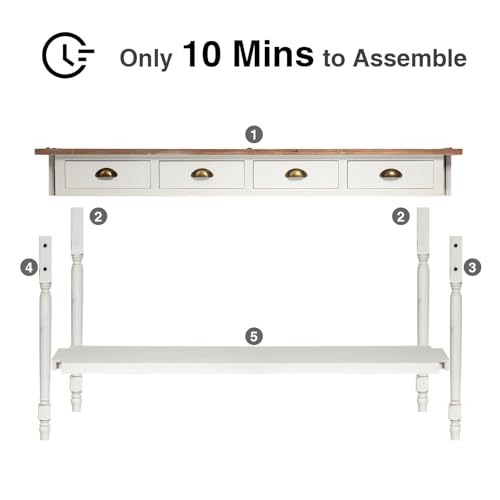 Farmhouse Console Table with 4 Drawers, 60" Long Narrow, White | Boho Sofa Foyer Stand with Large Storage Space, Solid Wood Frame and Legs for Entryway, Hallway, Living Room