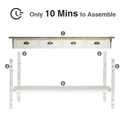 Farmhouse Console Table with 4 Drawers, 60" Long Narrow, White | Boho Sofa Foyer Stand with Large Storage Space, Solid Wood Frame and Legs for Entryway, Hallway, Living Room