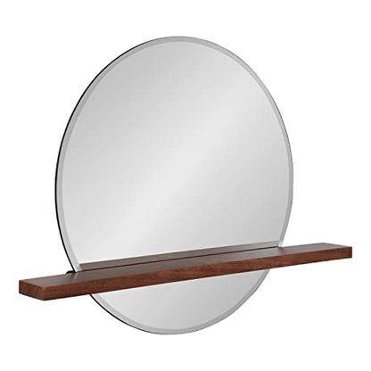 Fossett Frameless Round Wall Mirror, 24 Inch Diameter, Walnut Brown, Decorative Functional Mirror with Shelf for Storage and Display